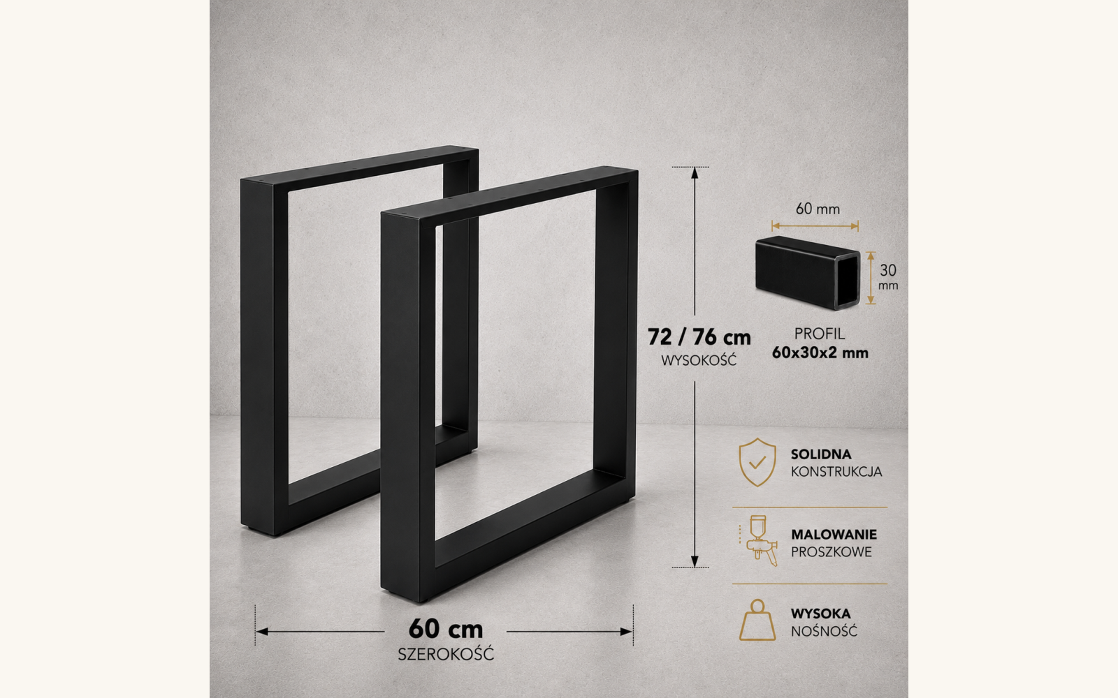 Nogi metalowe do stołu biurka Loft 72x70 profil 60x30 cm (2 szt.) - zdjecie produktu