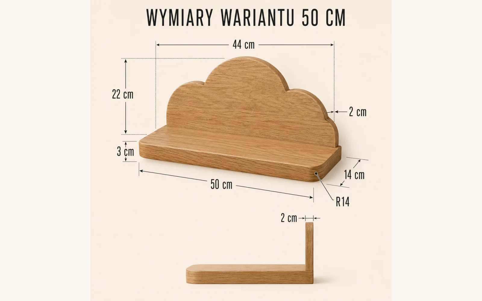 Wymiary półki CLOUD MINI 50×14 cm i panelu chmurki