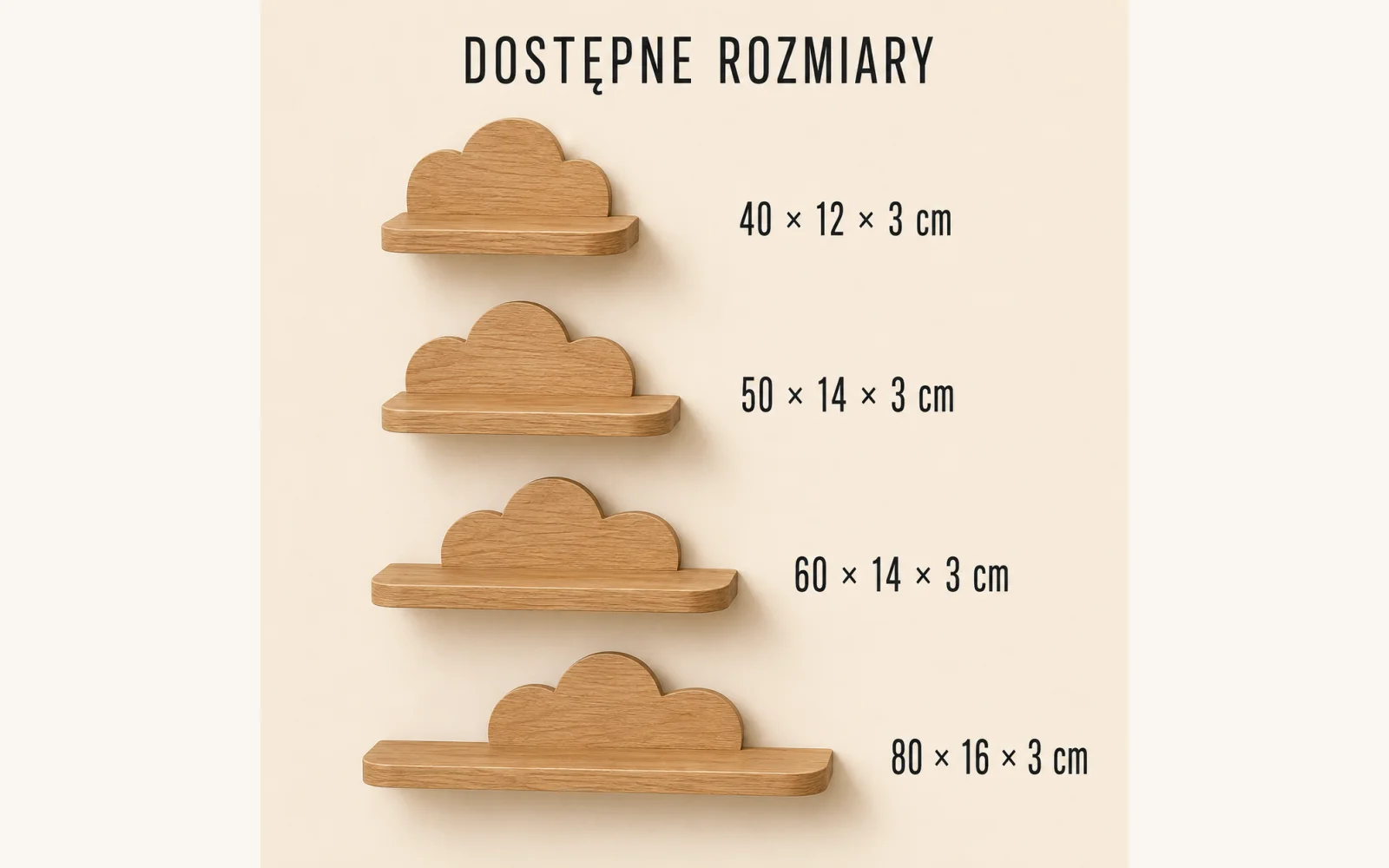 Porównanie rozmiarów półek CLOUD MINI 40–80 cm