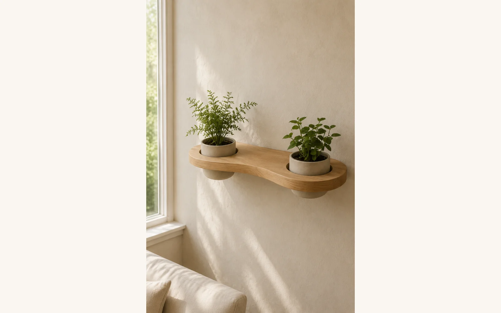 DUO GREEN — dębowa półka ścienna na dwie doniczki — 16 cm × 3 cm
