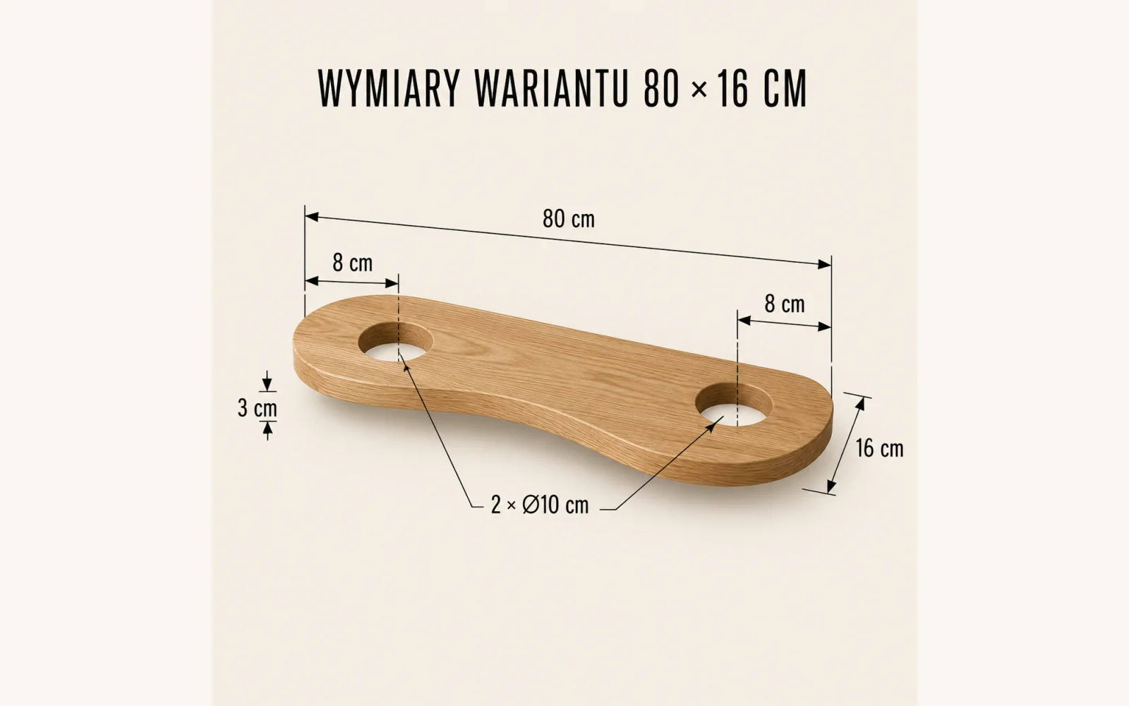 Wymiary półki DUO GREEN 80×16 cm i dwóch otworów Ø10 cm
