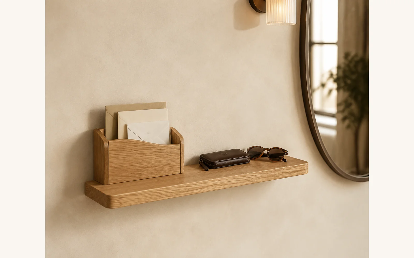 Dębowa półka na listy i klucze POCKET — głębokość 12 cm × 3 cm