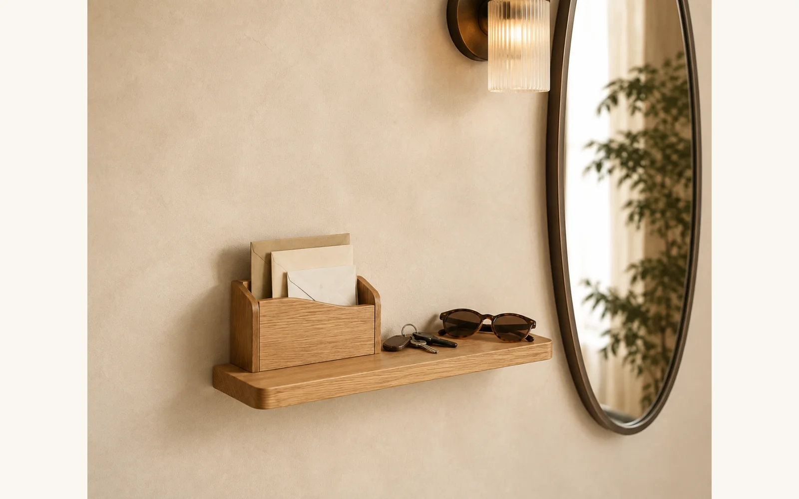 Dębowa półka na listy i klucze POCKET — głębokość 15 cm × 3 cm - zdjecie produktu