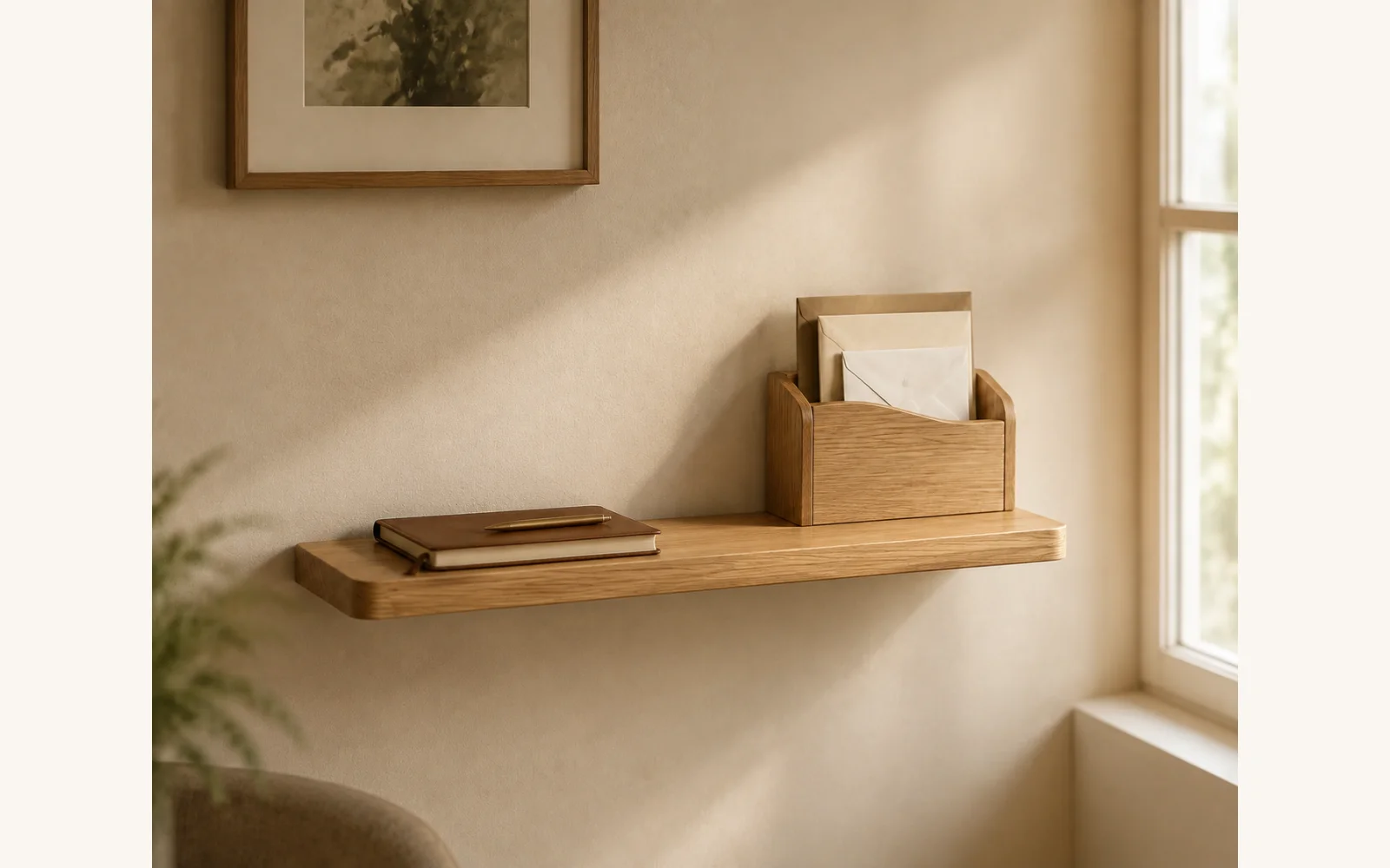 Dębowa półka na listy i klucze POCKET — głębokość 15 cm × 3 cm - zdjecie produktu