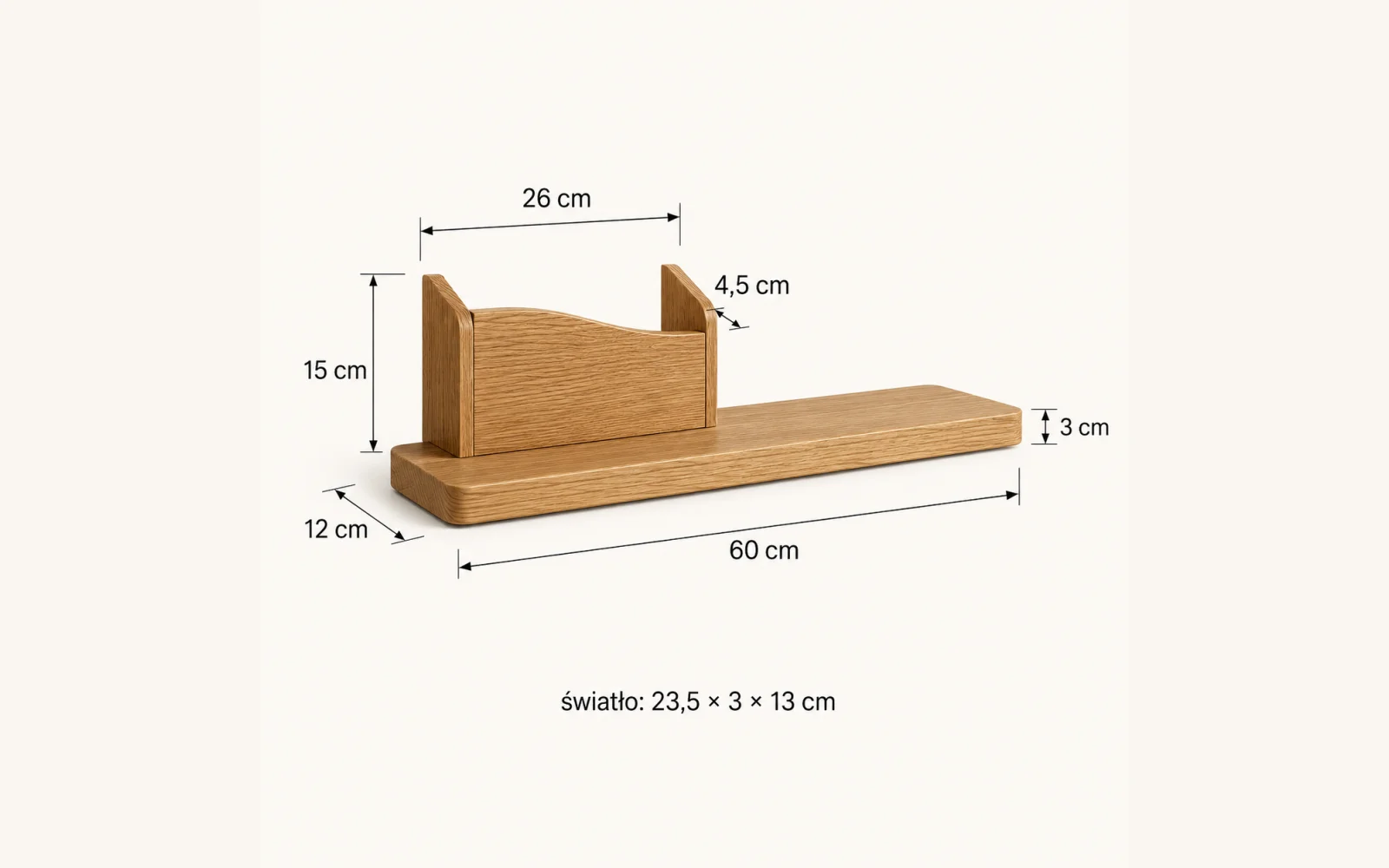 Dębowa półka na listy i klucze POCKET — głębokość 15 cm × 3 cm - zdjecie produktu