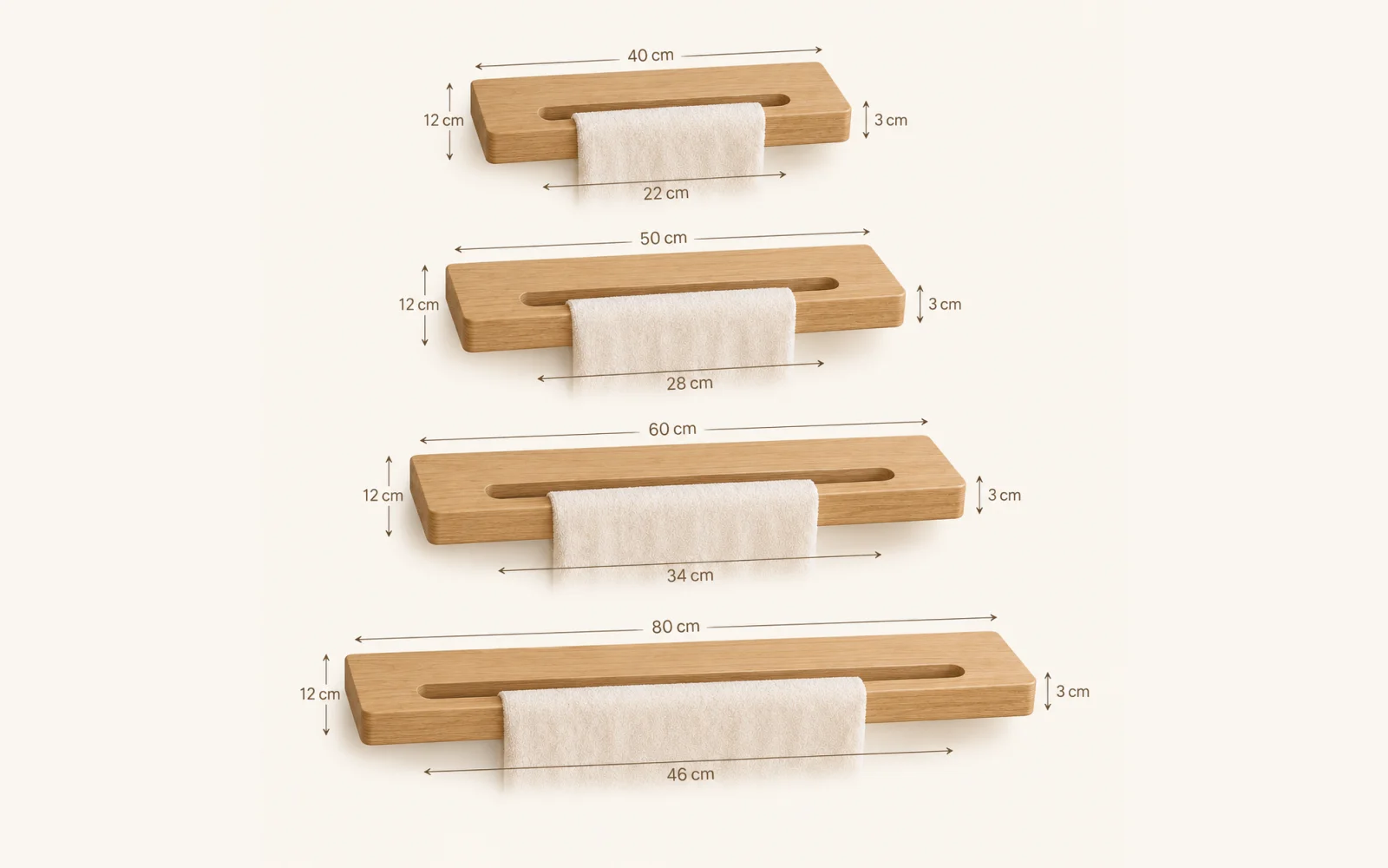 Dębowa półka łazienkowa z uchwytem na ręcznik — głębokość 12 cm × 3 cm - zdjecie produktu