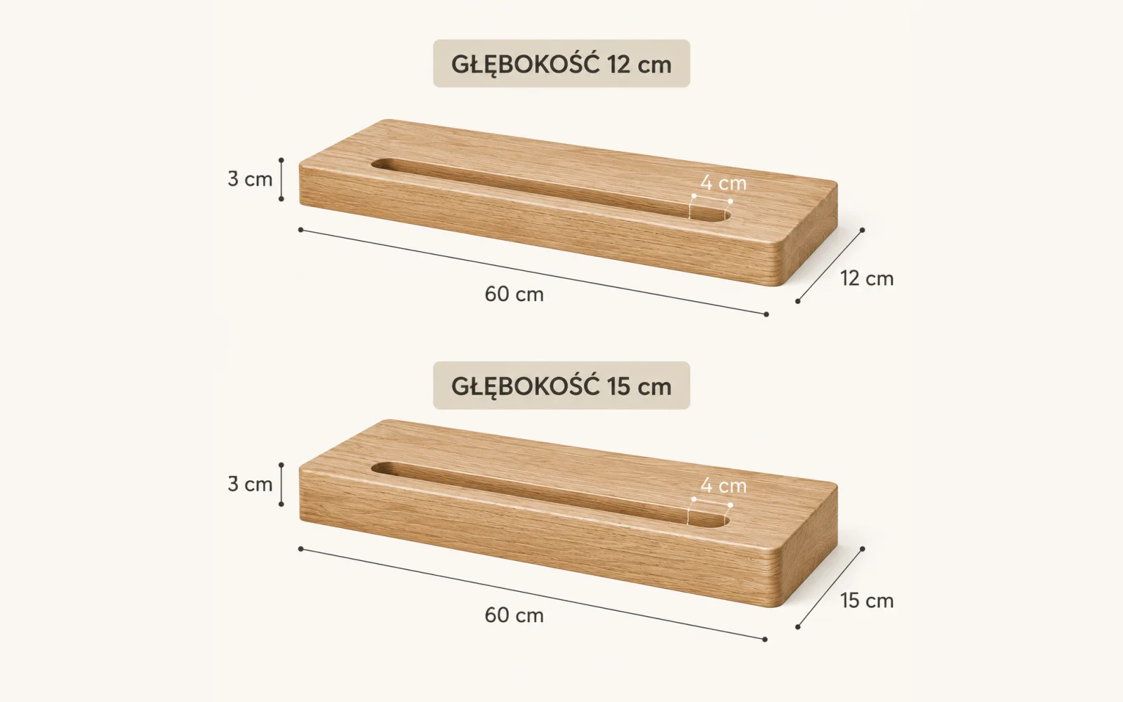 Dębowa półka łazienkowa z uchwytem na ręcznik — głębokość 15 cm × 3 cm - zdjecie produktu