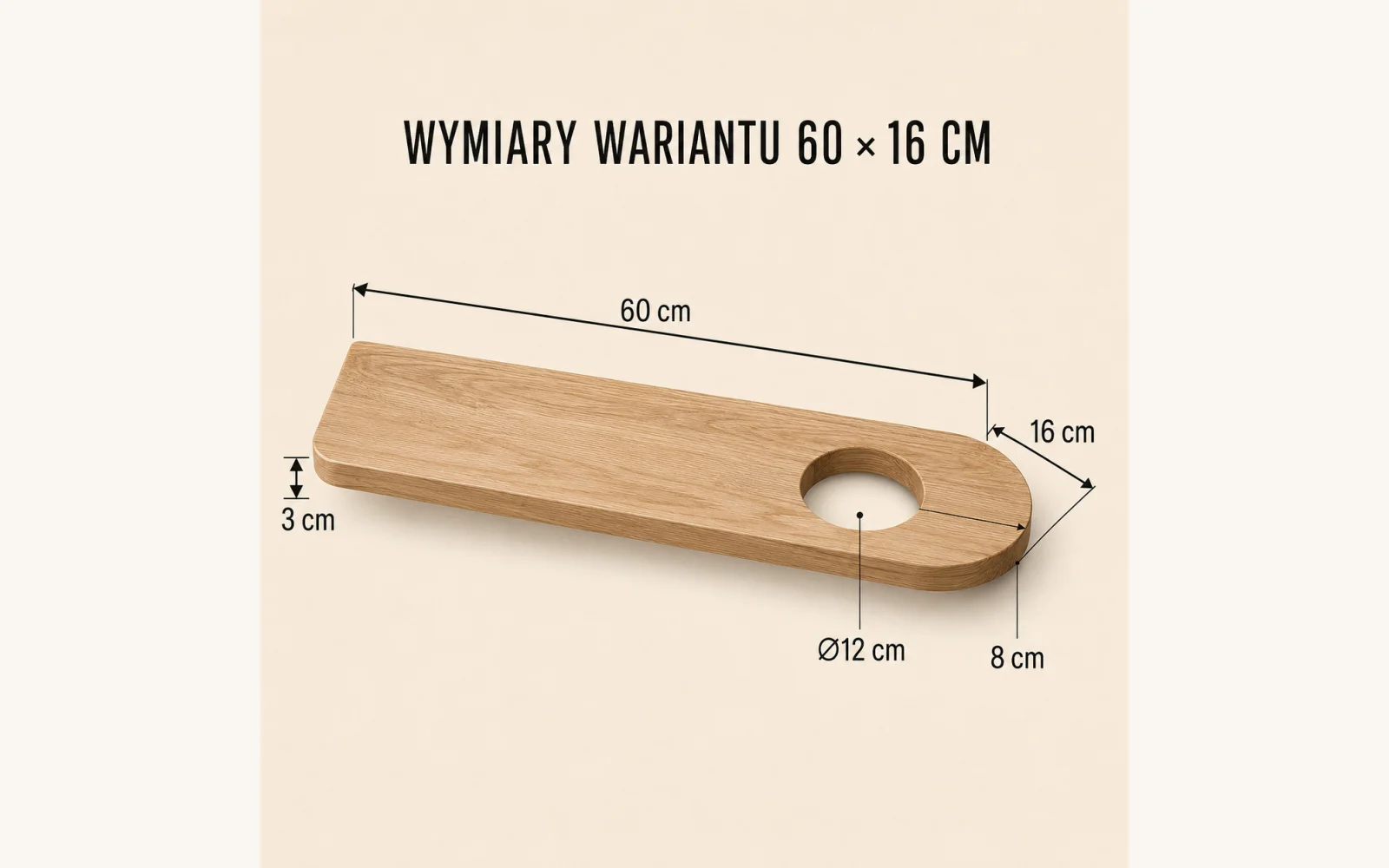Wymiary półki RING 60×16 cm i otworu Ø12 cm