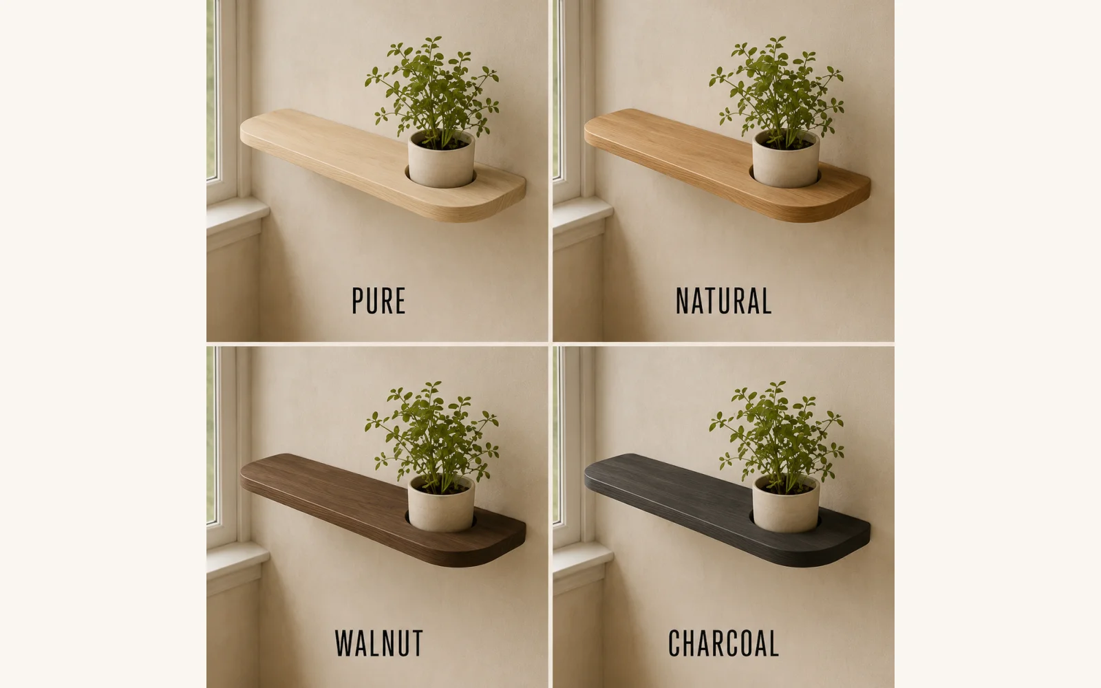 Kolory Rubio Monocoat na półce RING — Pure, Natural, Walnut, Charcoal