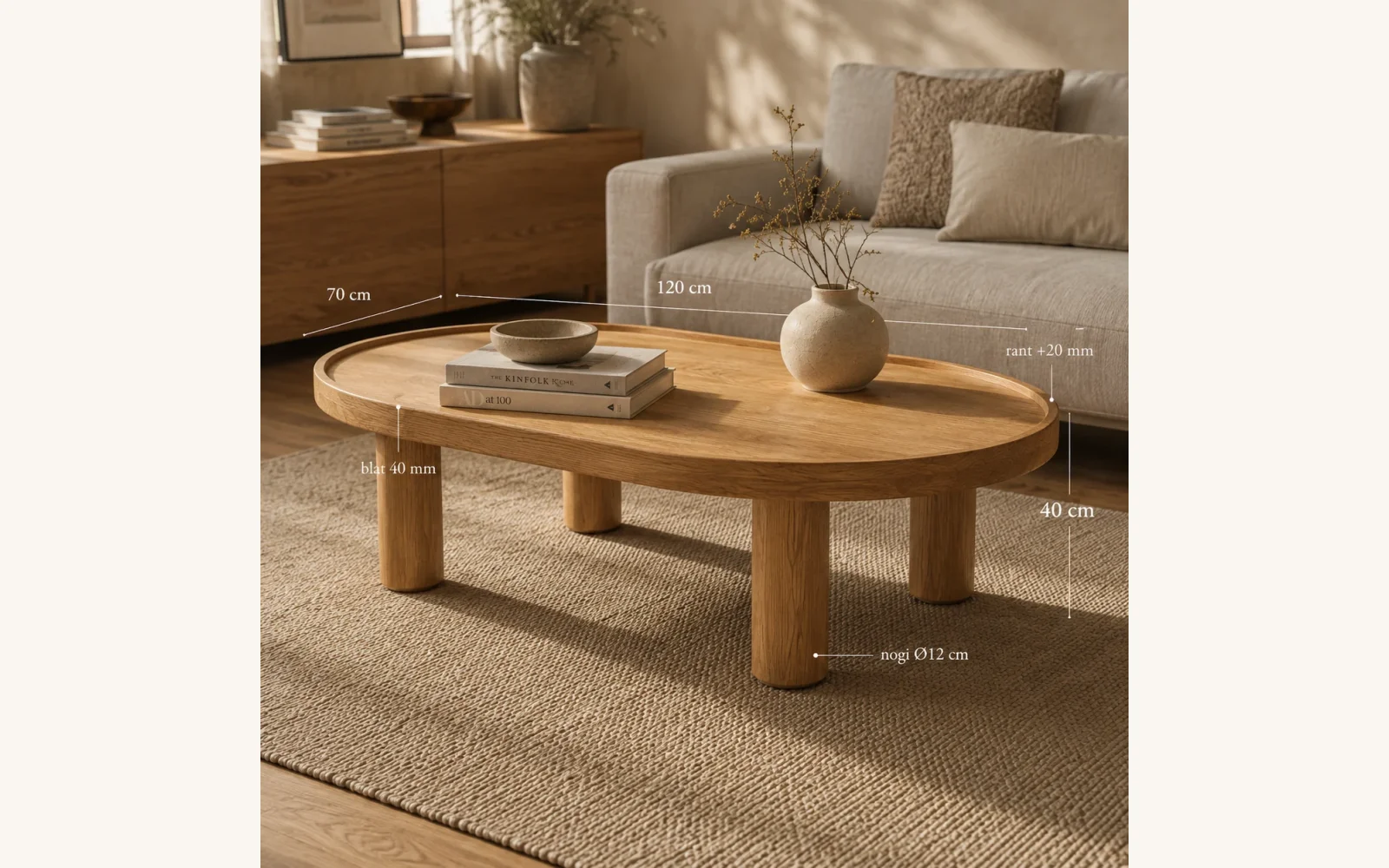 Stolik kawowy PIL 120 – wymiary 120 x 70 x 40 cm, blat 40 mm i nogi Ø12 cm