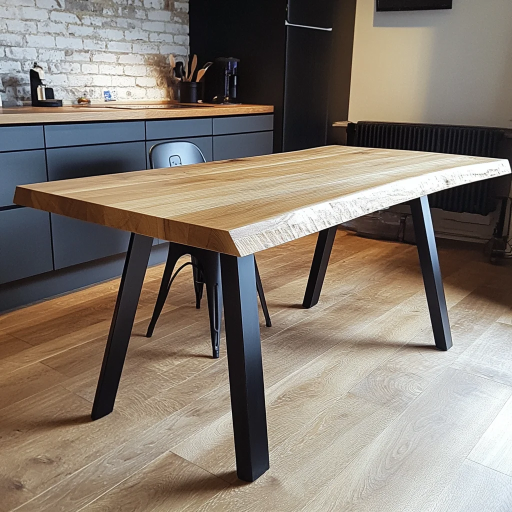 Nowoczesny Stół Dębowy z Cięciem na Krawędzi – Blat 200x90 cm - Wysokość 78 cm - Grubość 4 cm - 4 Stalowe Nogi